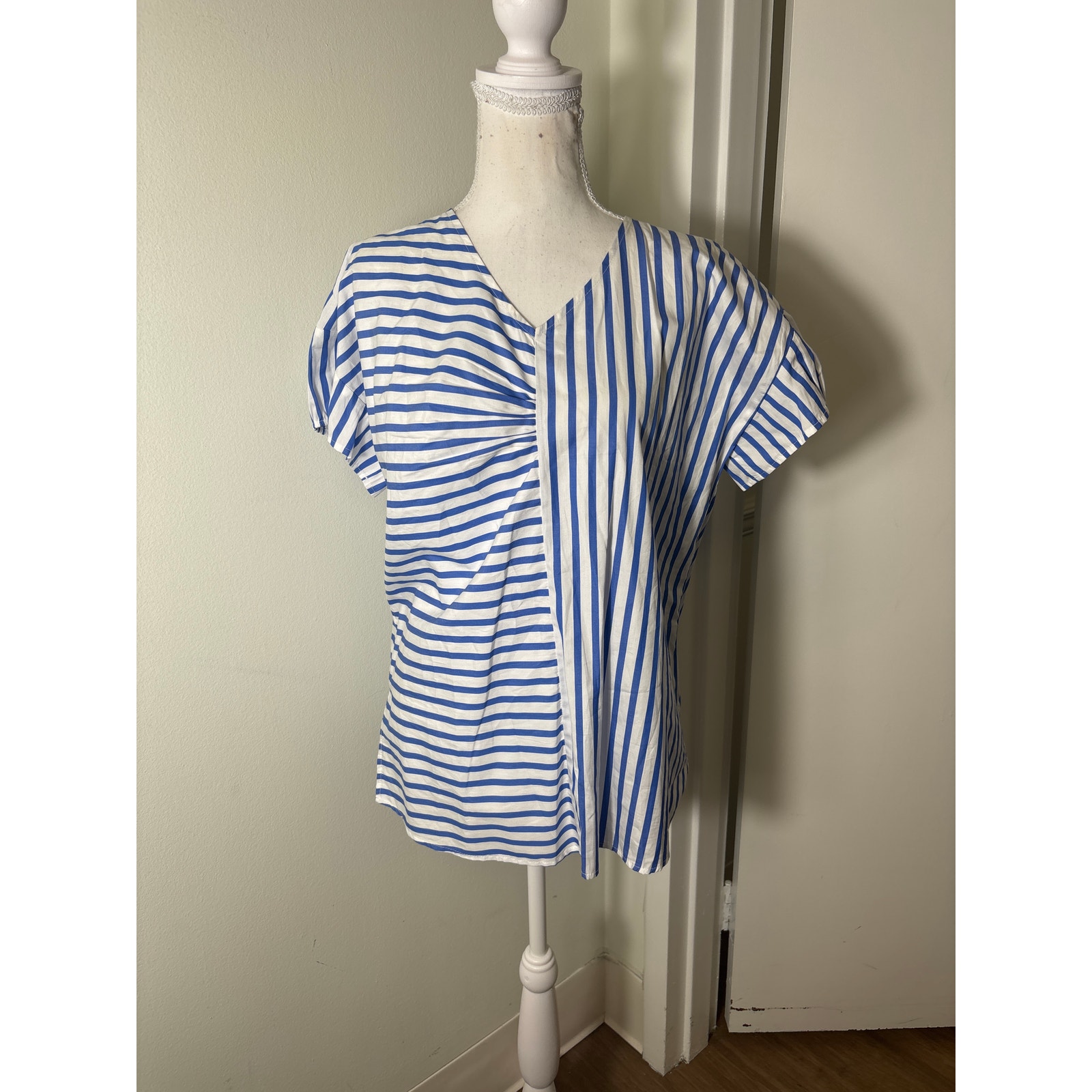 Nwt Harshman Blue White Stripe Cap Sleeve V-Neck Cotton Shirt Sz M